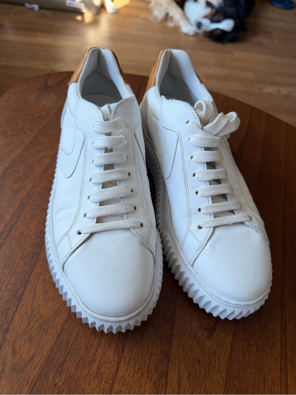 Voile Blanche White Leather Sneakers with Tan Heel Tab